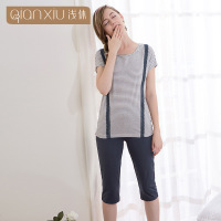 浅休18夏季新品女士七分裤套装家居服 纯棉条纹可外穿睡衣