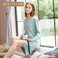 浅休2018春秋季新款中长款长袖纯棉睡裙女睡衣休闲家居服