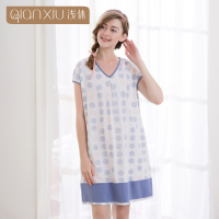 浅休家居服睡衣女2018夏季新款棉质V领宽松大码睡裙中裙