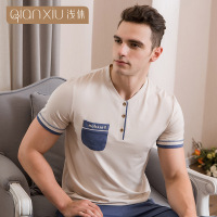 浅休短袖长裤套装春夏季纯棉男睡衣简欧风加大码家居服休闲可外穿