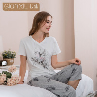 浅休18夏季女士短袖七分袖睡衣套装V领印花运动休闲可外穿家居服