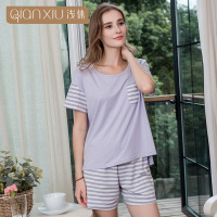 浅休2018夏季新款女士睡衣套装圆领纯棉条纹女士家居服套装