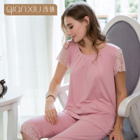 浅休女士七分裤睡衣套装夏季性感蕾丝竹纤维家居服短袖大码