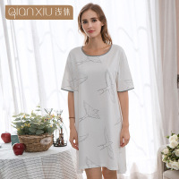 浅休女士夏季新款睡裙纯棉印花睡衣圆领加肥大码家居服休闲可外穿