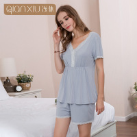 浅休女士夏季短袖套装竹棉睡衣V领性感蕾丝家居服弹力大码
