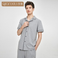 浅休男士夏季短袖针织纯棉睡衣翻领开襟家居服休闲大码可外穿