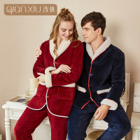 浅休2018冬季情侣羊羔绒男士睡衣开襟翻领加厚大码自然家居服
