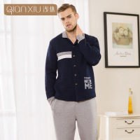 浅休冬款情侣加厚休闲套装睡衣 男士拼接色保暖家居服