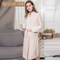浅休冬季新款法兰绒长款开襟加厚女士睡袍简约家居服