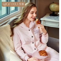 浅休冬款女士情侣开衫长套睡衣保暖 加厚法兰绒长袖睡衣