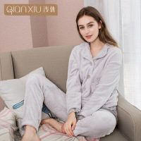 浅休女款法兰绒加厚家居服套装蕾丝 花边开襟翻领女睡衣套装