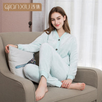 浅休新款冬季女士法兰绒 开襟女睡衣套装V领加厚 女款家居服