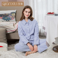 冬季新款女士羊羔绒睡衣套装翻领开襟加厚纯色简约家居服套装