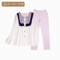 浅休春秋女士长袖款休闲舒适家居服简约针织圆领扣子套装