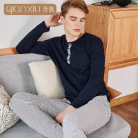 浅休秋冬季新款情侣男款睡衣圆领可外穿全棉男家居服套装可外穿