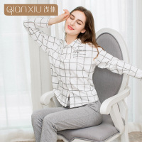 浅休情侣女士翻领睡衣套装纯棉格子开襟家居服针织弹力大码可外穿