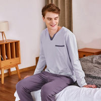 浅休秋冬季男士纯棉睡衣家居服V领休闲套装针织弹力大码居家可外穿