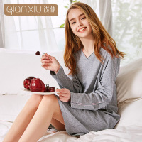 浅休女士纯棉长袖睡裙V领休闲大码可外穿透气家居服织带