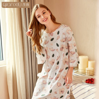 浅休秋冬季新款女士长袖睡裙印花花边大码透气家居服套装