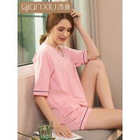 浅休新款棉质家居服套装男情侣短袖短款V领休闲睡衣女