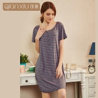 浅休女士夏季新款睡裙 女士夏季圆领条纹休闲可外穿家居服