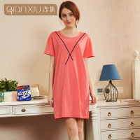 浅休女款夏季简欧风格睡裙 女士夏季圆领短袖可外穿睡裙 女士睡裙