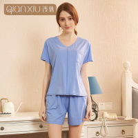 浅休夏季女士V领简约时尚家居服 女款夏季纯色短袖套装睡衣