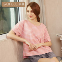浅休全棉睡衣 女士夏季纯棉睡衣 圆领条纹冰瓷棉家居服可外穿