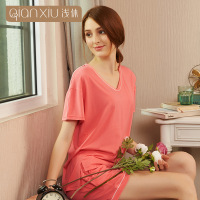 浅休女士短袖套装家居服 女士夏季V领纯色时尚简约睡衣