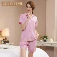 浅休女士开衫翻领家居服夏季蕾丝短袖套装睡衣