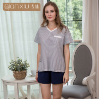 浅休新款女士条纹睡衣套装V领纯棉女士家居服套装