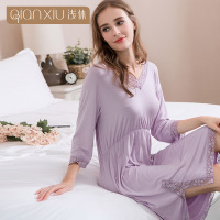 浅休竹纤维睡裙 浅休女士纯色蕾丝家居服纯色睡裙