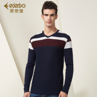 爱登堡男装2017新款V领套头条纹拼色毛衣男针织衫男打底衫上衣服