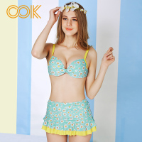 OOK浅绿色性感高腰荷叶边短裙比基尼两件套泳装