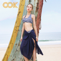 OOK泳衣女士分体裙式遮肚显瘦小胸聚拢大码保守温泉泳装海军风比基尼三件套（海风蓝）