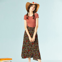 依尚街区时尚套装女纯色针织衫短袖上衣花色高腰修身a字裙两件套