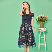 依尚街区小清晰碎花连衣裙女2018新款时尚甜美网纱拼接显瘦a字裙