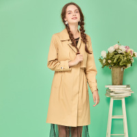 依尚街区卡其色风衣外套女2018秋新款时尚韩版显瘦松紧腰上衣