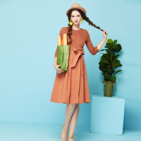 依尚街区高腰裙两件套女2018新款时尚百搭纯色圆领短袖褶皱套装