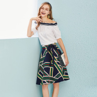 依尚街区ins超火套装性感一字肩短袖上衣花色蝴蝶结绑带半身裙潮