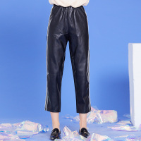 依尚街区七分休闲裤女2018秋新款时尚百搭黑色高腰直筒显瘦裤子