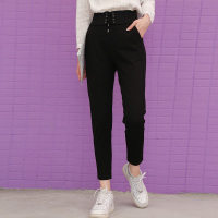 依尚街区高腰铅笔裤女2018新款时尚百搭黑色小脚收腰系带休闲裤