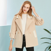 依尚街区纯色长袖上衣女2018秋新款韩版宽松百搭双排扣毛呢外套