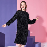 依尚街区直筒裙连衣裙2018秋新款时尚韩版学生纯色毛边潮流裙子