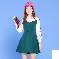 依尚街区小清晰a字裙女2018秋季新款时尚甜美印花拼色洋气连衣裙