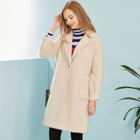 依尚街区赫本风毛呢大衣女2018秋新款纯色端庄大气长袖口袋风衣
