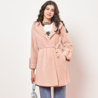 依尚街区皮外套女2018秋新款粉色仿獭兔毛连帽单排扣韩版上衣