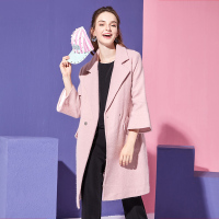 依尚街区赫本风毛呢大衣2018秋新款时尚百搭纯色半袖双排扣外衣