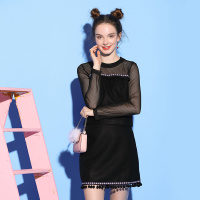 依尚街区黑色性感网纱两件套女2018冬新款时尚韩范修身潮流套装