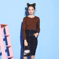 依尚街区高腰牛仔裙两件套女2018冬季新款时尚韩范修身显瘦套装